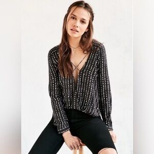 Urban Outfitters Black Polka Dot Surplice Criss Cross Long Sleeve Blouse